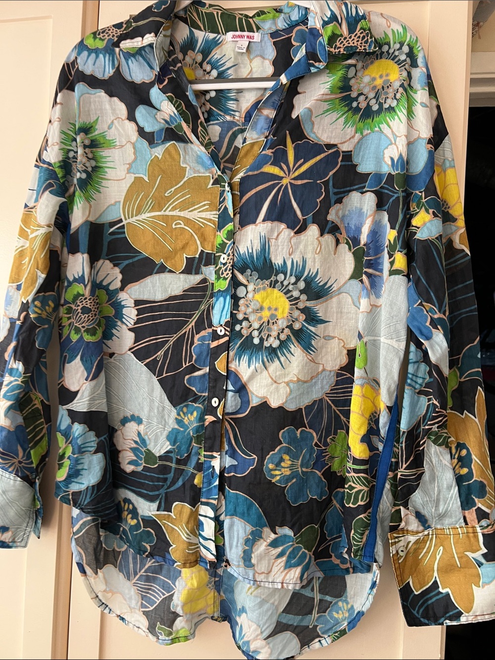 Johnny Was Navy Multicolor Floral Button-Down Shirt